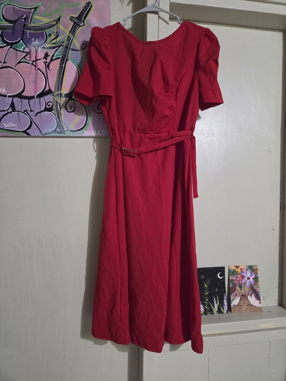 Red Midi Dress with Belt - Classic Women's Dress